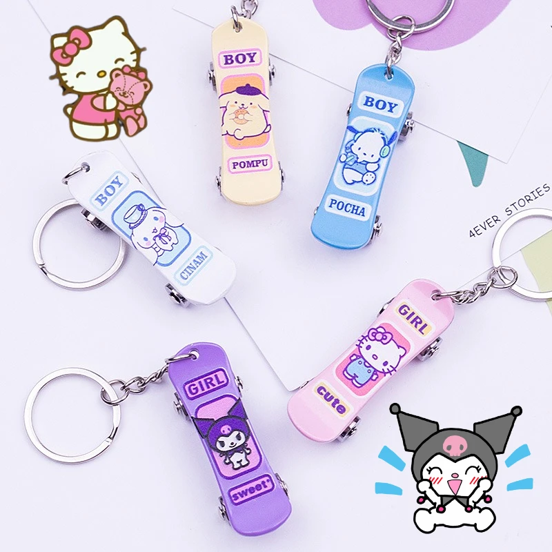 

Sanrio Hello Kitty Skateboard Keychain Metal Cute Pendant Hip-hop Cinnamoroll Anime Keyring Girl Backpack Scooter Key Chains