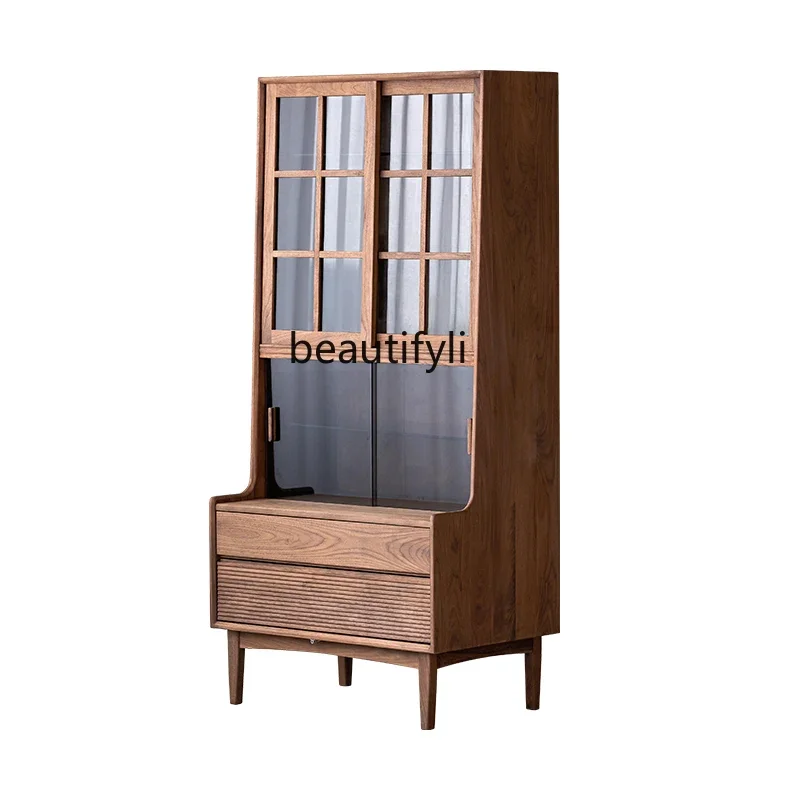 

Solid wood American glass display cabinet bookshelf dining side cabinet black walnut retro living room