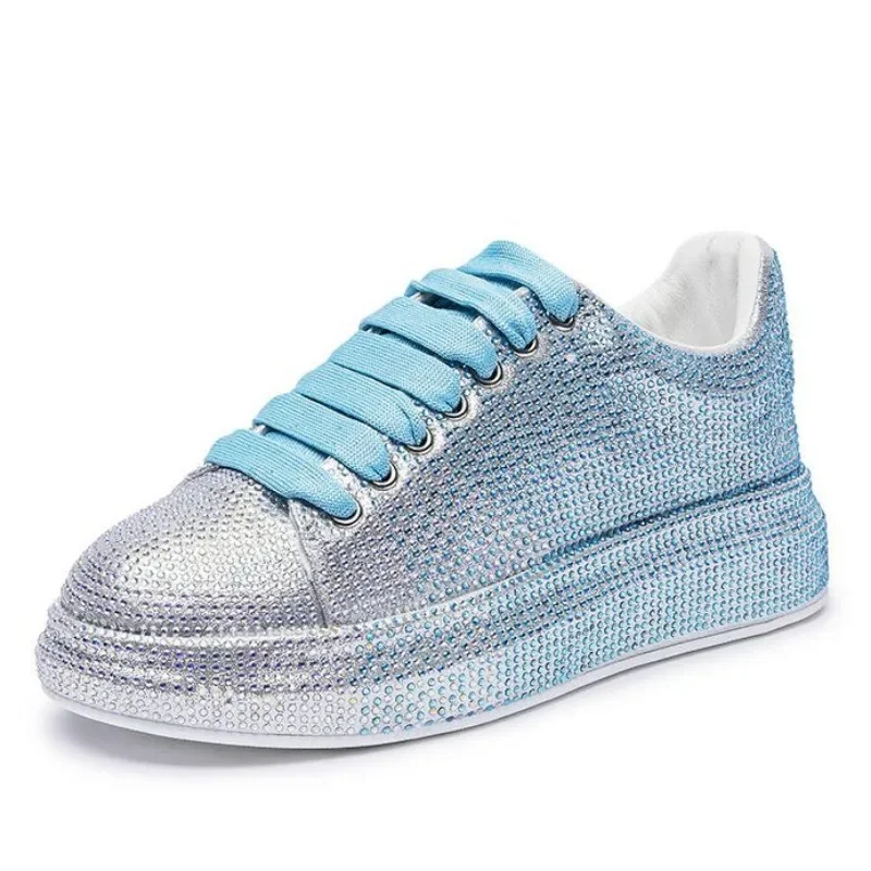 2022 Autumn Leather Women Shoes New Style Fashion Pink Platform Shoes Ins Platforms Sneakers Tide Shine Bling Rhinestone Shoes