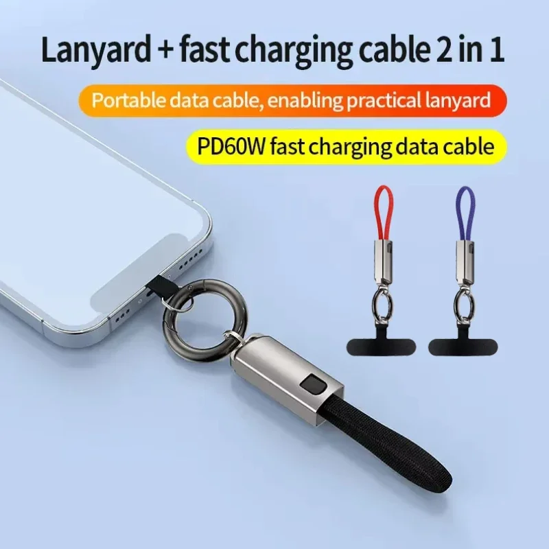 PD60W USB Type C To Type C Cable Keychain Lanyard Data Cable Portable 3A Fast Charging Type C Cable for IPhone 15 Xiaomi Samsung