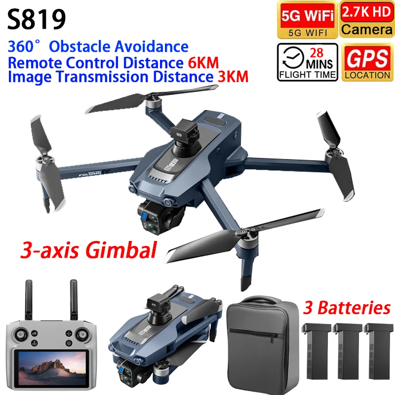 YLRC S819 Drone GPS WIFI FPV 6KM 3-axis Gimbal 2.7K Dual Camera 360° Obstacle Avoidance Quadcopter 12.5cm Touch Control Screen