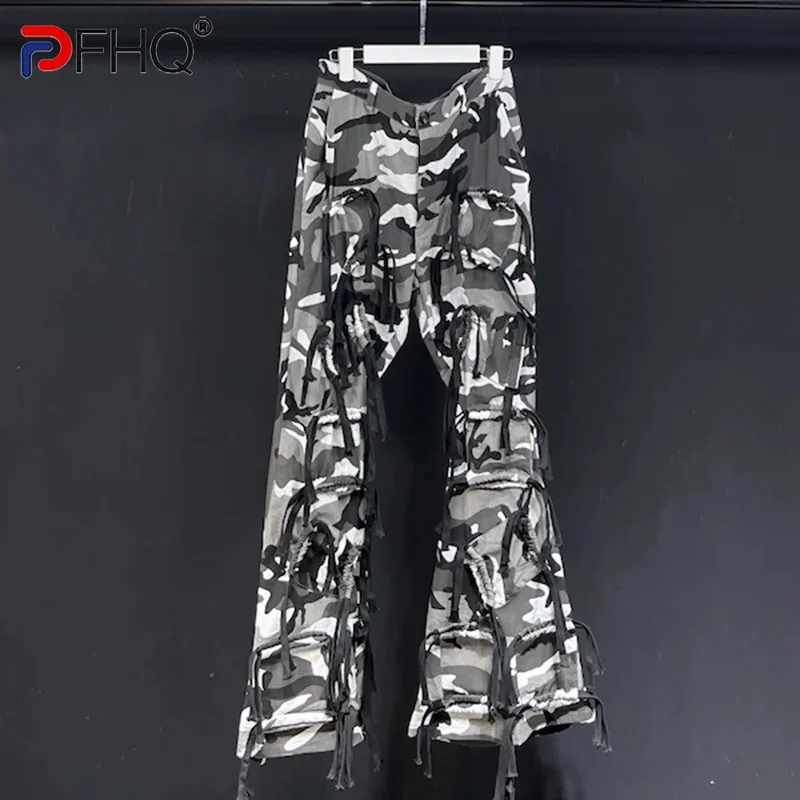 

PFHQ Heavy Camouflage Long Flared Pants High Waist Niche Design Street 2024 Contrast Color New Fashion Male Trousers 21Z5084