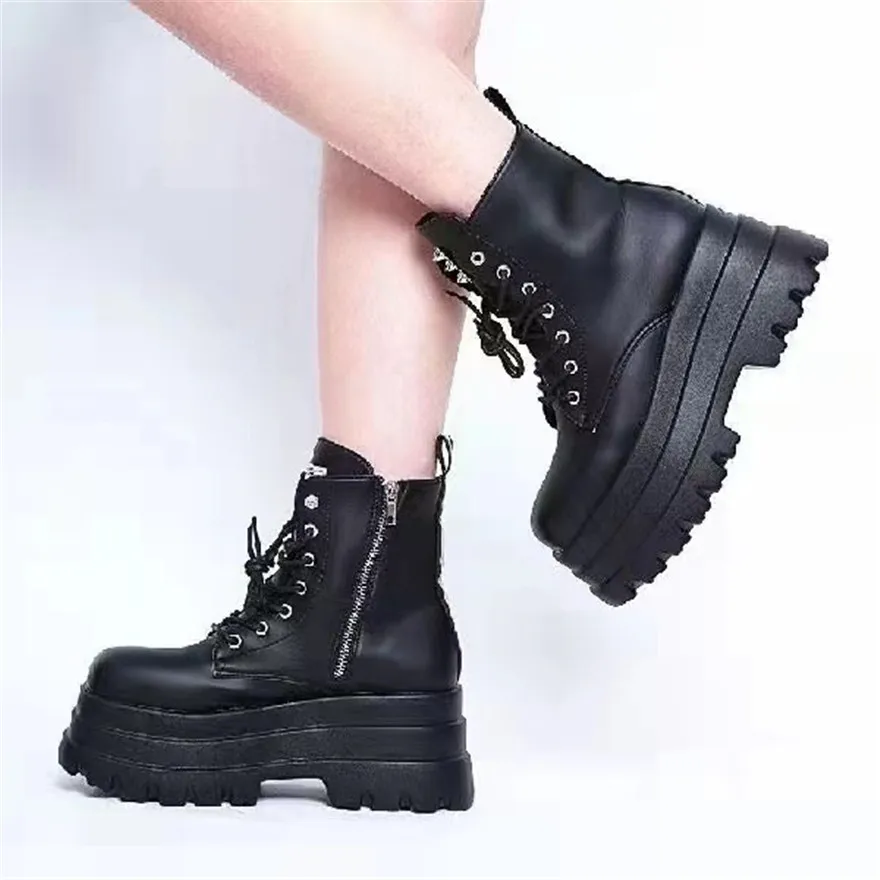 Punk Style Women Platform Wedges Boots 2024 Autumn Soft Leather Fashion Metal Rivet Female Lace Up High Heel Gothic Shoes Black