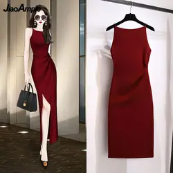 Women's Summer Sexy Split Midi Wine Red Dress Office Lady Evening Party Slim Camisole Robe Korean Bodycon Sleeveless Dresses New