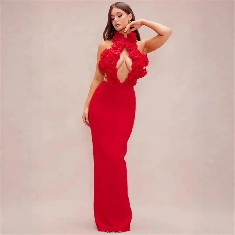 Nowa Kolekcja Damska Sukienka Bodycon z Kwiatowym Wzorem, Seksownym Dekoltem, Odkrytymi Plecami, Wiązana na Szyi, Modna Sukienka Bandage na Imprezę i Wakacje