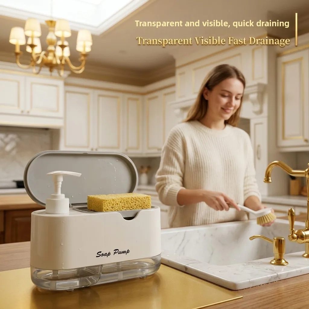 Detergent Press, Kitchen Cleaning Double Liquid Dispenser with Scouring Cloth Two-in-one Soap Dispenser