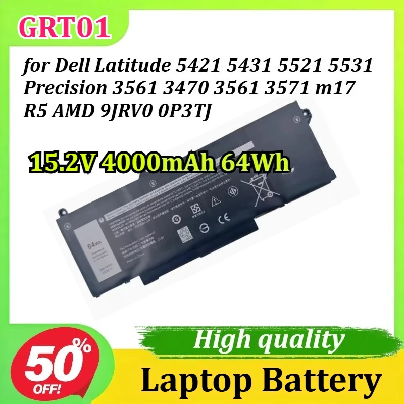 

GRT01 Laptop Battery 15.2V 4000mAh 64Wh for Dell Latitude 5421 5431 5521 5531 Precision 3470 3561 3571 m17 R5 AMD 9JRV0 0P3TJ