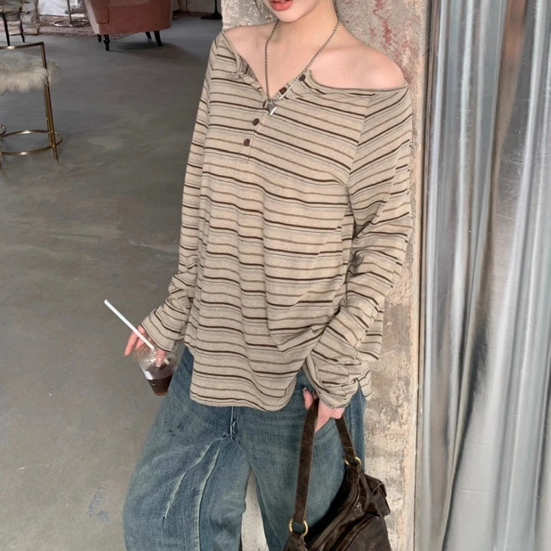 

Vintage One-shoulder Off-the-shoulder Long-sleeve T-shirt Women's Pre-fall Lazy Style Casual Loose Striped Top