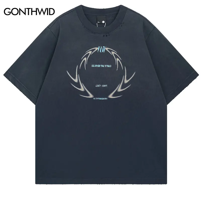 

Vintage Men T-Shirt Y2K Graphic Printed Ripped Hole Tshirt Hip Hop Punk Gothic Baggy Urban Streetwear Harajuku Casual Summer Top