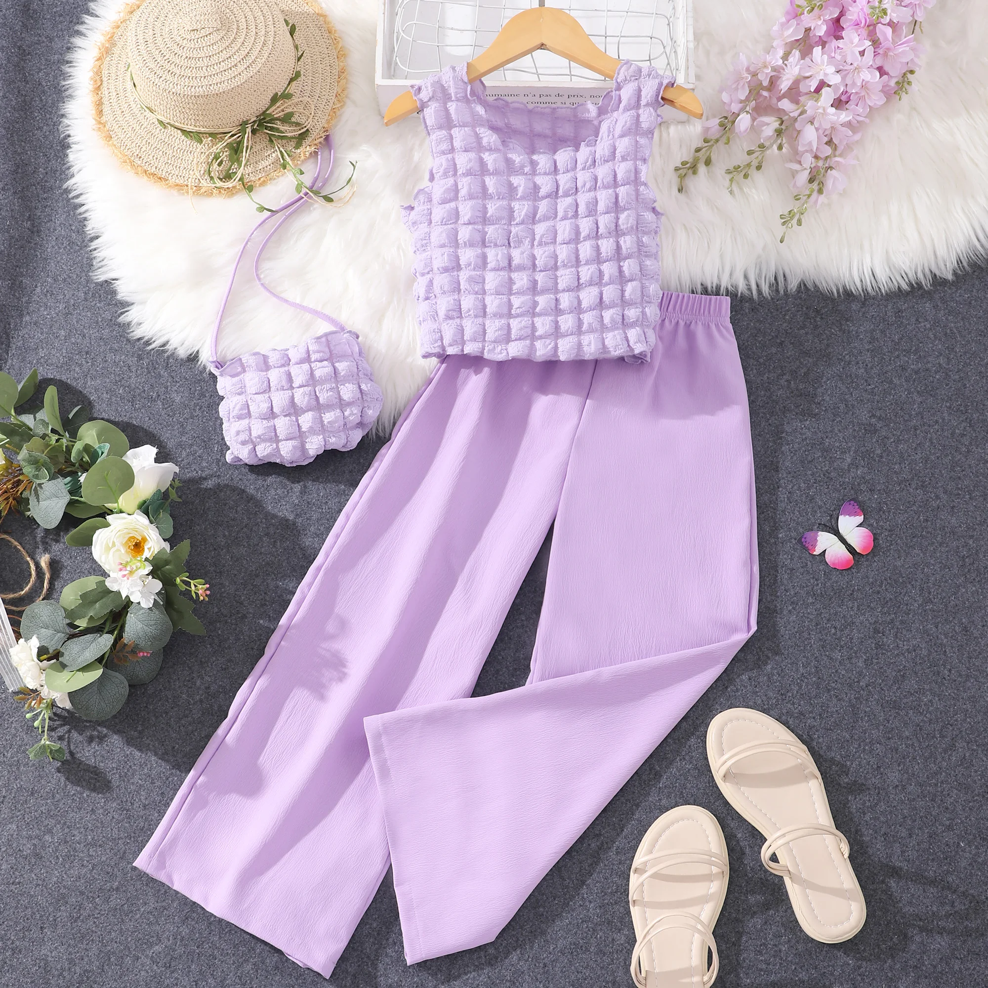 Girls Clothes Summer Clothes Beautiful Fashion Round Neck Sleeveless Solid Pants with Bag Set Clothing for Girls