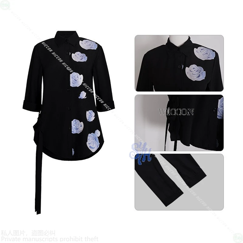 アニメ YouTuber コスプレ Knkn Kanae Ye Vtuber コスチューム ブラック フラワー柄 シャツ ネックレス ハロウィン クリスマス パーティー ロールプレイ Cos