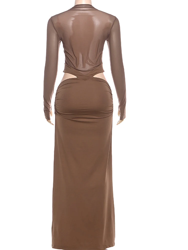 Kricesseen ​ Frauen Solide Mock Neck Taille Ausschnitt Geraffte, Figurbetontes Kleid Herbst Langarm Aushöhlen Party Kleid Nacht Aus Tragen