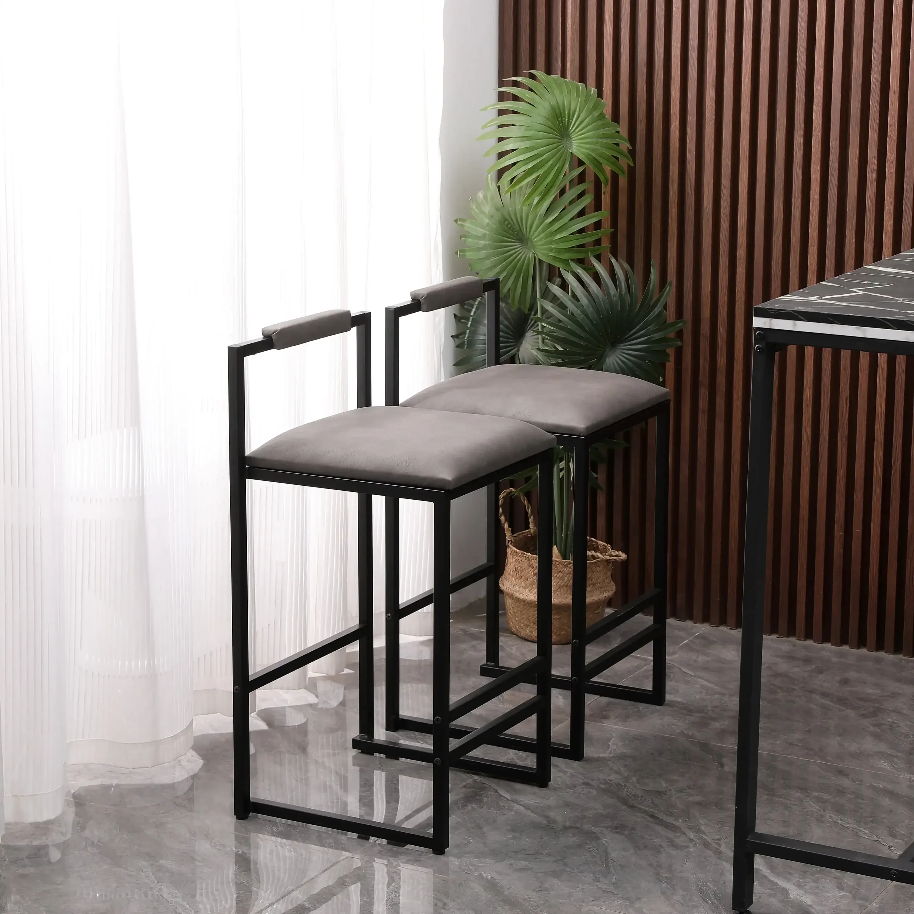 Counter Height Bar Stools Set of 2, Upholstered PU Barstools with Back, Modern Kitchen Island Chairs, Dining Room, Kitchen, Gray