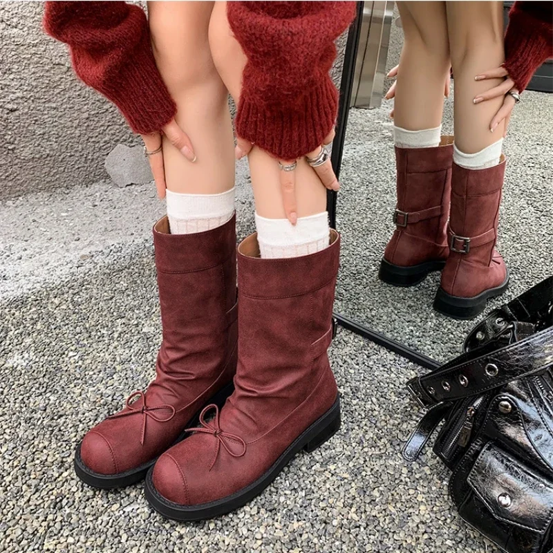 

Bow Elegantly Decorated Women's Platform Ankle Boots Mid-Calf Botas Low Heel New Trend Belt Buckle Motorcycle Boot Lady Shoes