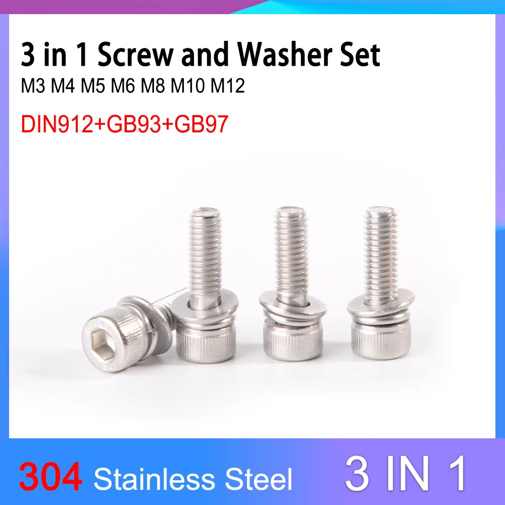 

304 Stainless Steel Hexagon Hex Socket Head Cap Screw with Washer M3 M4 M5 M6 M8 M10 M12 Three Combination Screw