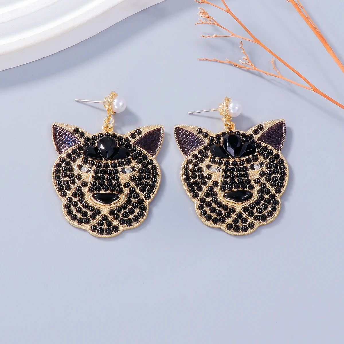 Gothic Seed Beads Rhinestone Black Leopard Head Drop Earrings for Women Girls Holiday Party Jewelry Accessories 2024 Trend