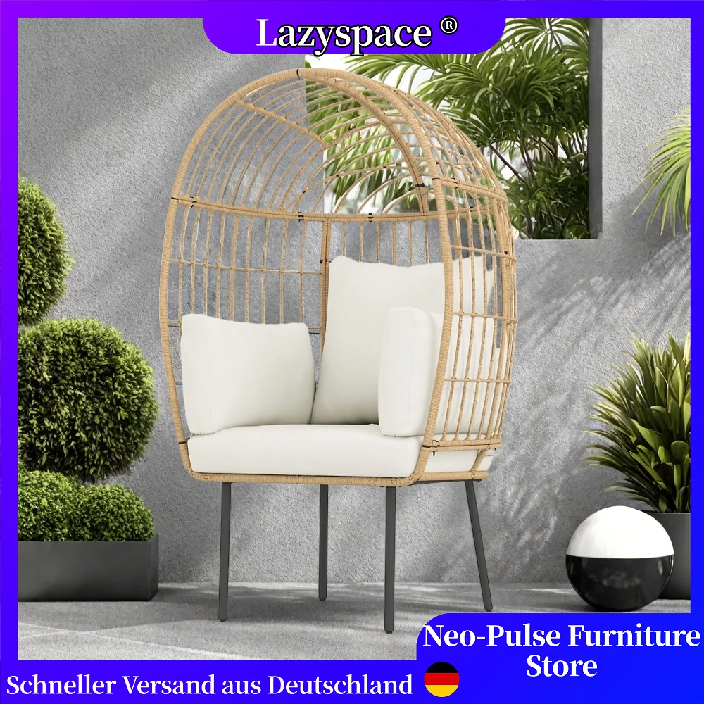 Poltrona in rattan Lazyspace, a forma di uovo con imbottitura con cuscino rimovibile, sedie da giardino oversize, poltrona a cestello resistente alle intemperie