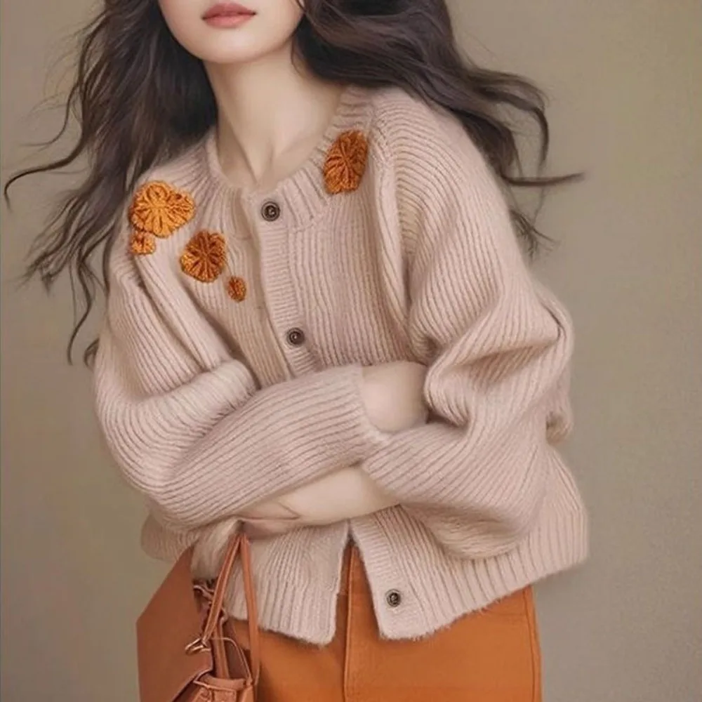 

Fashionable Unique Flower Embroidery Age Reducing Sweater Design Single Breasted Knit Cardigan Simple Elegant