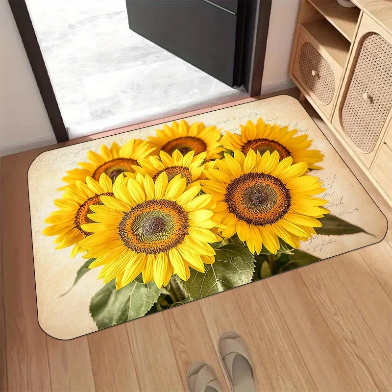 2D Flat Sunflower Bouquet Flannel Door Mat Non Slip Absorbent Entryway Rug for Kitchen Bathroom Living Room Home Decor