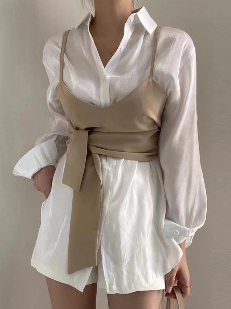 

Chic Spring New Sle Versatile Belted Strap Vest iny Long Sve irt Two-Piece Set Women's Faion Set 8-25 Years Old