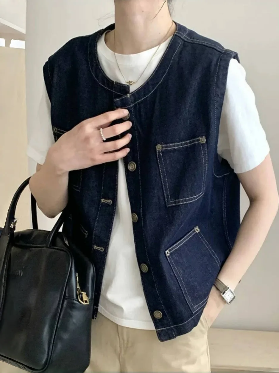

Retro Korean round Ne ort Denim Vest Women's 2025 New Top Layered Svel Jaet Outerwear Casual Commute Loose Fit