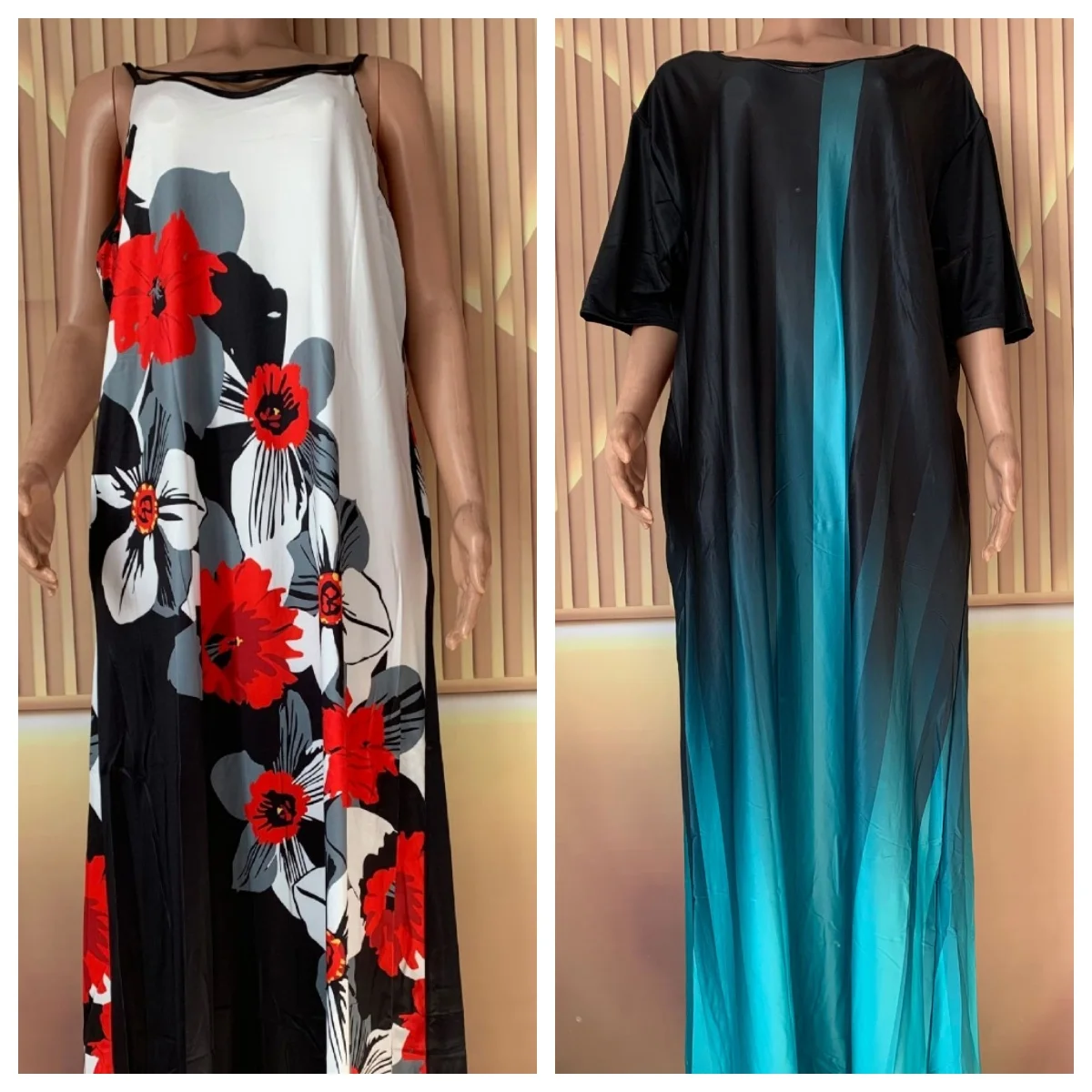 Europe And The United States Summer New Gradual Positioning Printed V-neck Short-sleeved Large-size Pocket Dress Long Skirt