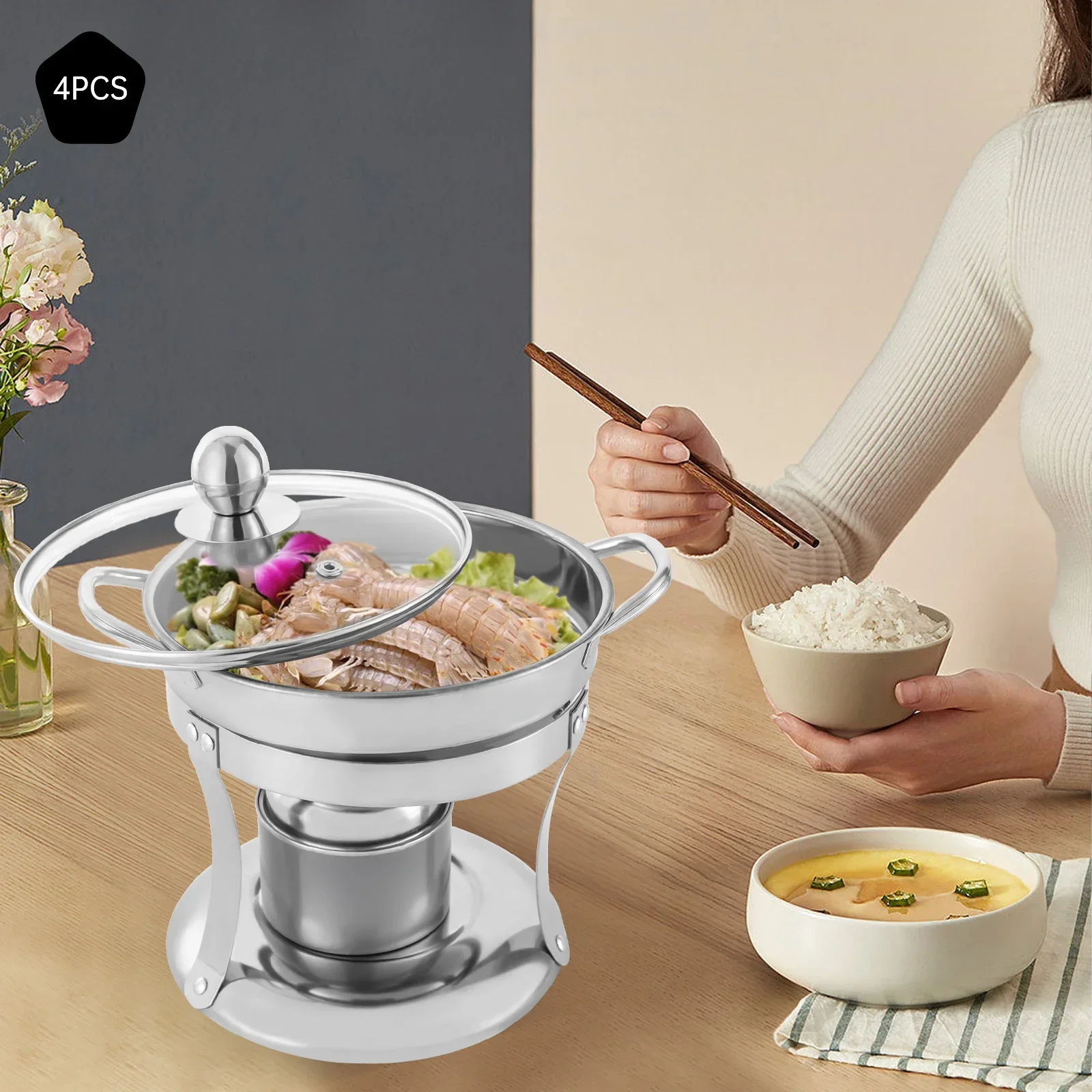 

4 Small Buffet Warmers, 201 Stainless Steel Round Chafing Dish Warmer Set, Silver, Suitable for Events and Parties