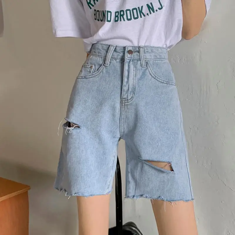 

Cowboy Solid Color Hole Full Marks Shorts Women Summer New Korean Loose Appear Thin High Waisted Straight Cylinder Middle Pants