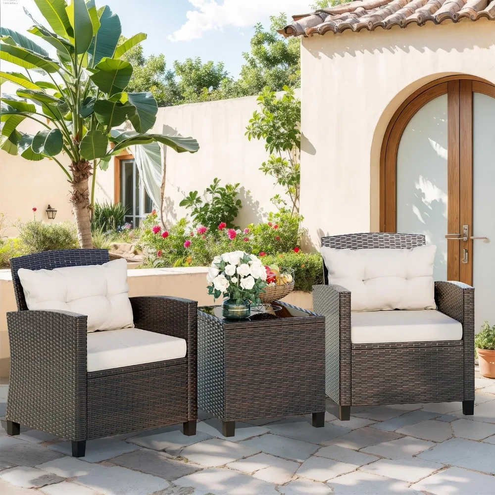 

3 Piece Patio Furniture Set Small Outdoor Wicker Rattan Front Porch Bistro Set Cushioned Patio Chairs