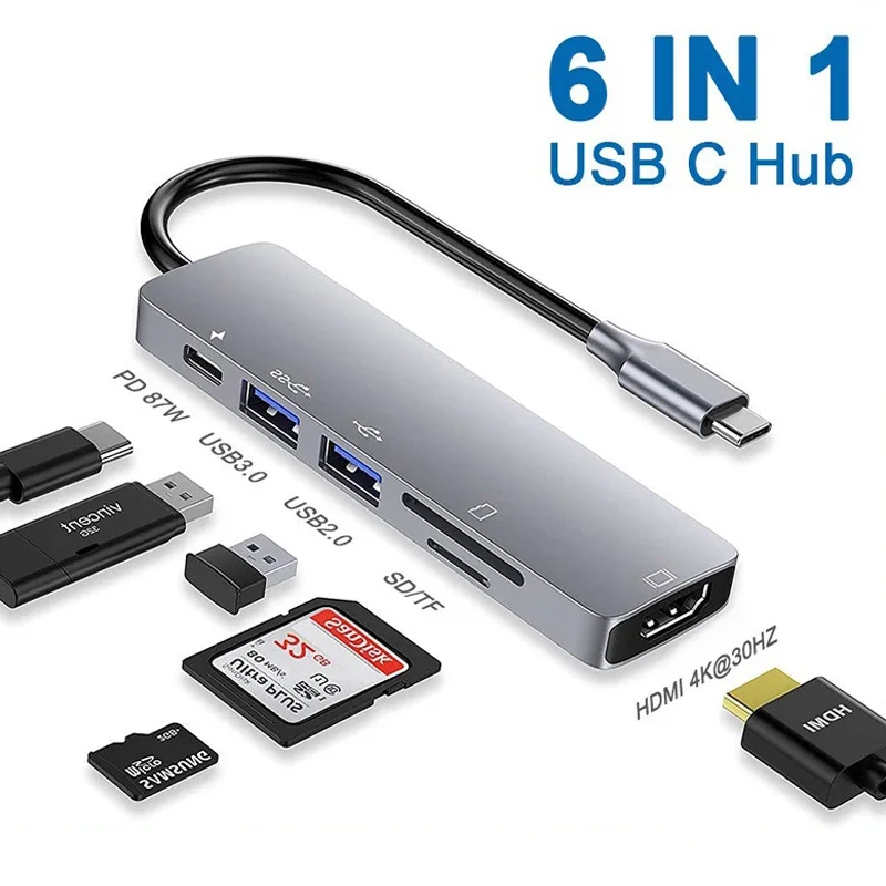 

USB C HUB 6 in 1 Type C to HDMI-compatible 4K 2 USB 3.0 Ports SD/TF Card Reader for laptop computer