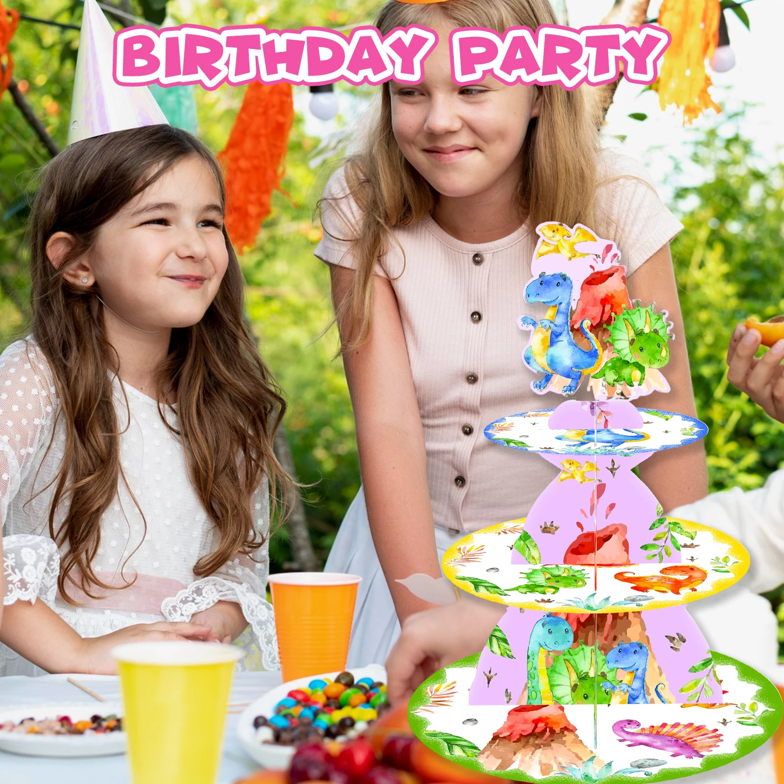 Support à cupcakes dinosaure, décorations de fête d'anniversaire à 3 niveaux pour enfants, garçons et filles, thème dinosaure, présentoir à cupcakes en carton S