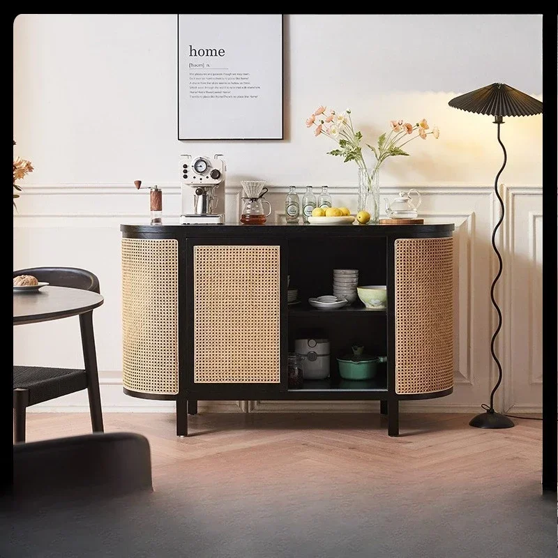 Japanese-style rattan dining side cabinet, wabi-sabi household solid wood dining side cabinet, simple double-layer