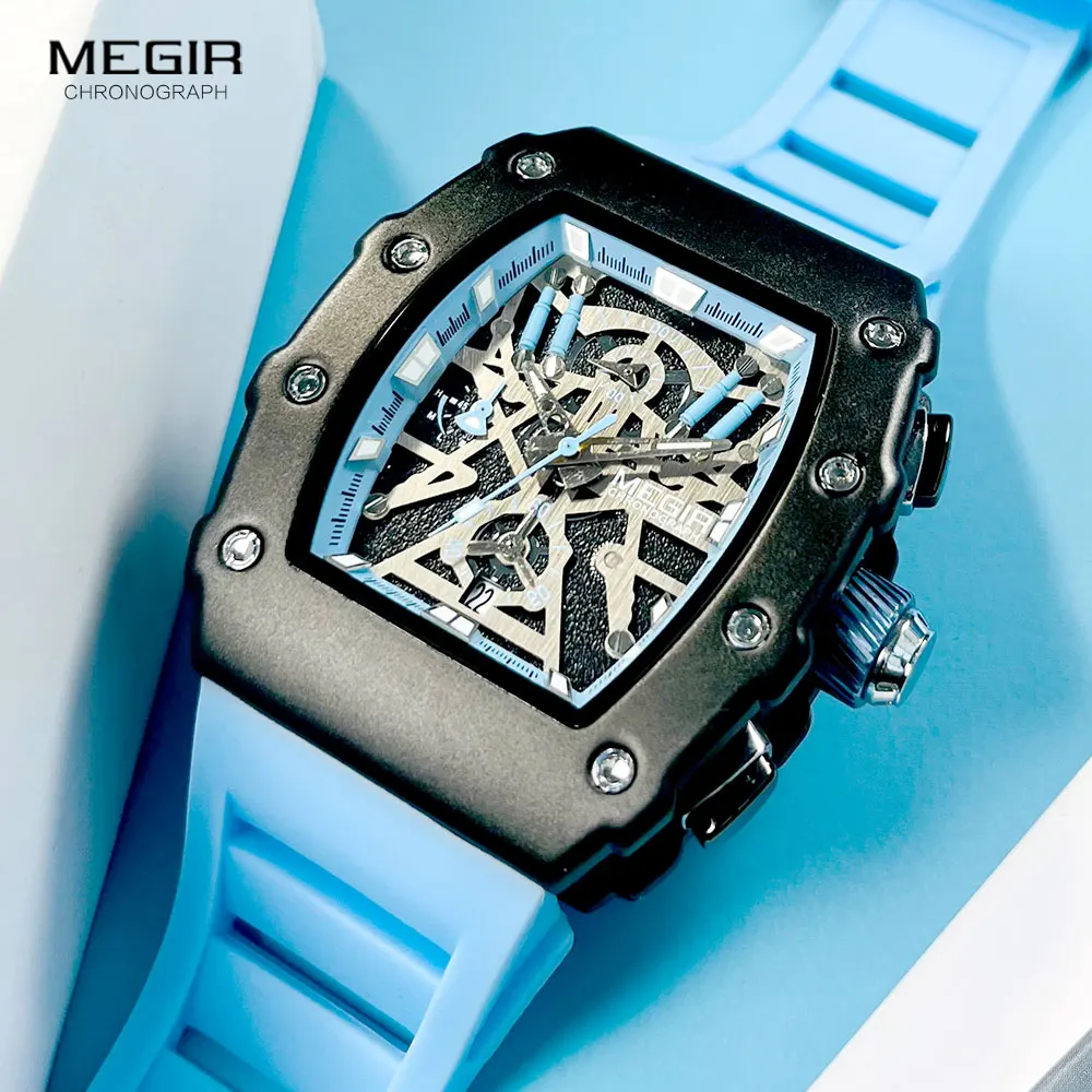 MEGIR Blue Watch Men Fashion Waterproof Lumious Tonneau Dial Chronograph Quartz Analog Wristwatch with Silicone Straph Auto Date