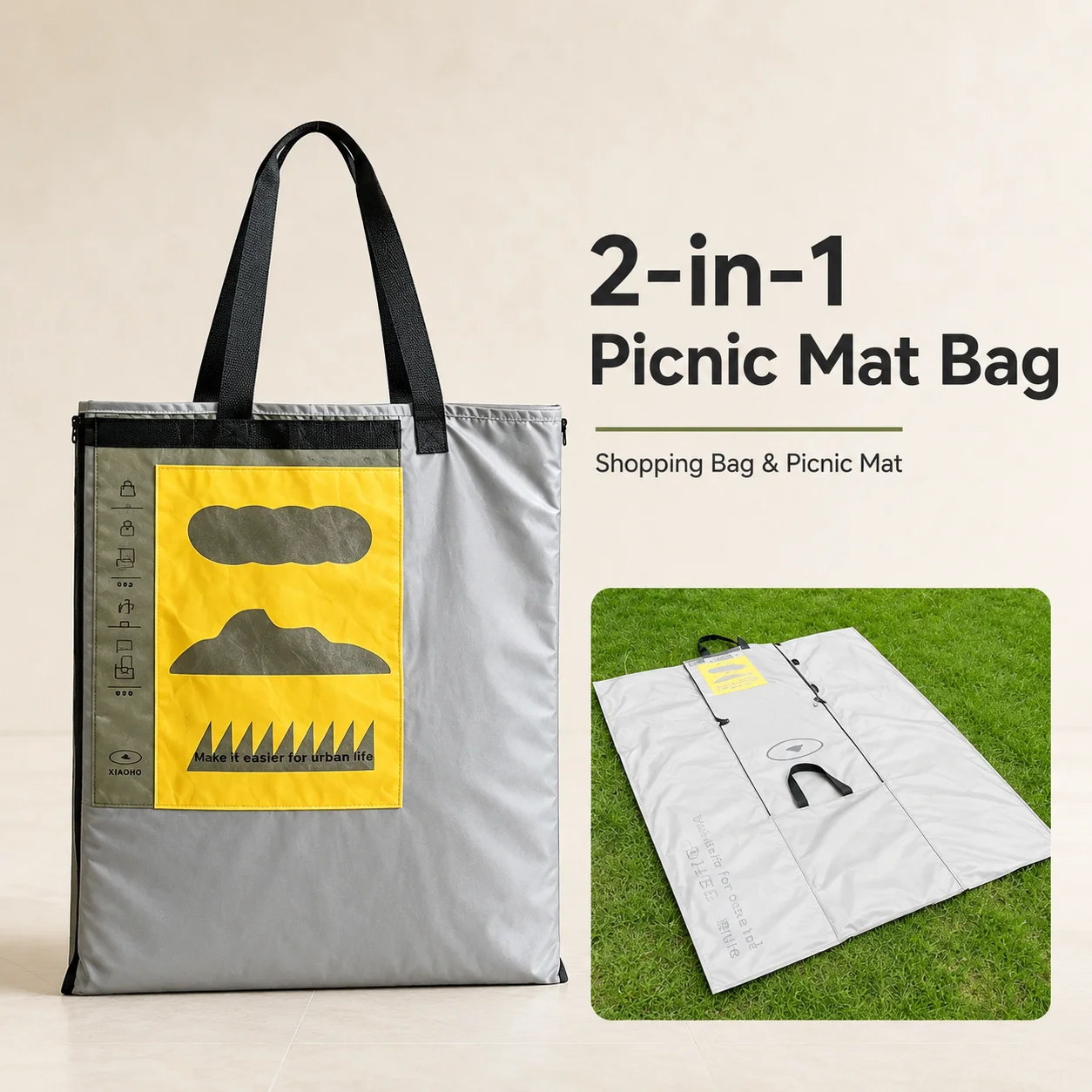 2-in-1 Picnic Mat Bag Waterproof Foldable Outdoor Blanket Tote, Portable Beach Camping Shopping Bag for Travel
