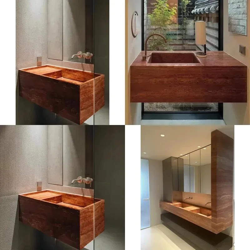 High Quality Natural Red Travertine Custom Luxury Wash Basin Countertop for High End Decoration