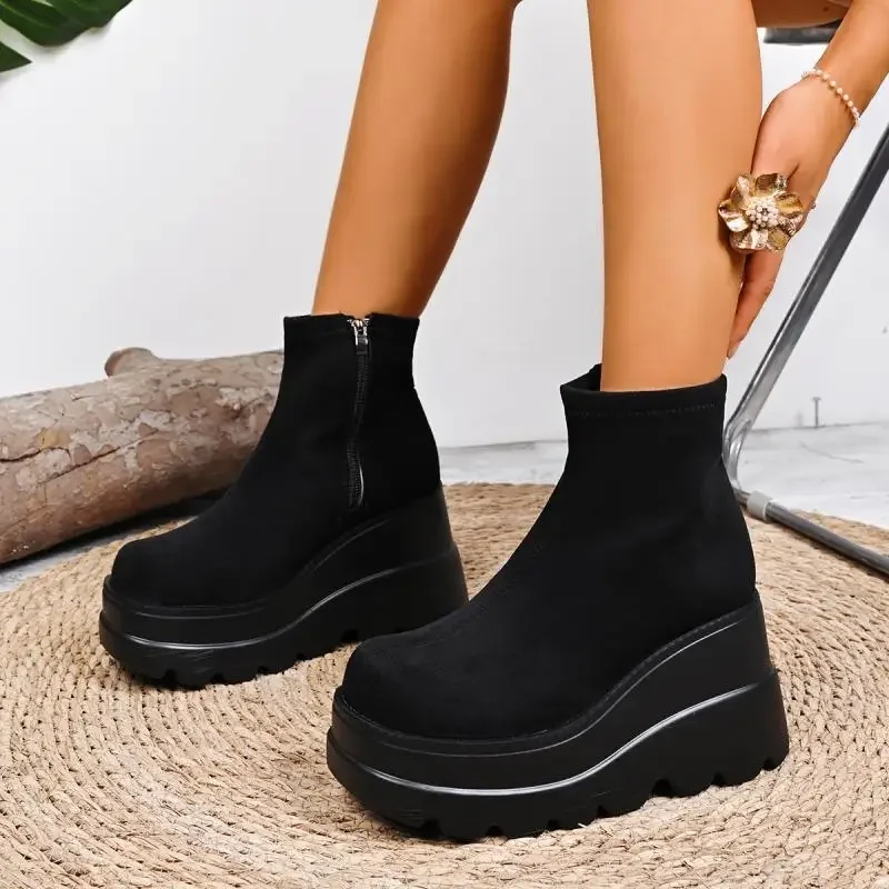 

Women's Boots High Quality Suede Casual Ankle Boots Fashion Wedge Platform Boots for Women Classic Black Short Boot Botas Mujer