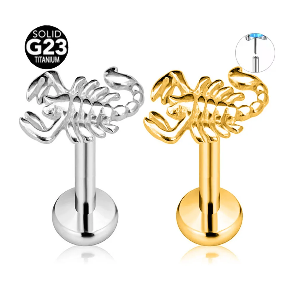 

ASTM F136 G23 Titanium Shiny Scorpion Threadless Piercing Pin Push in Lip Labret Stud Daith Conch Tragus Earring16G 18G 20G