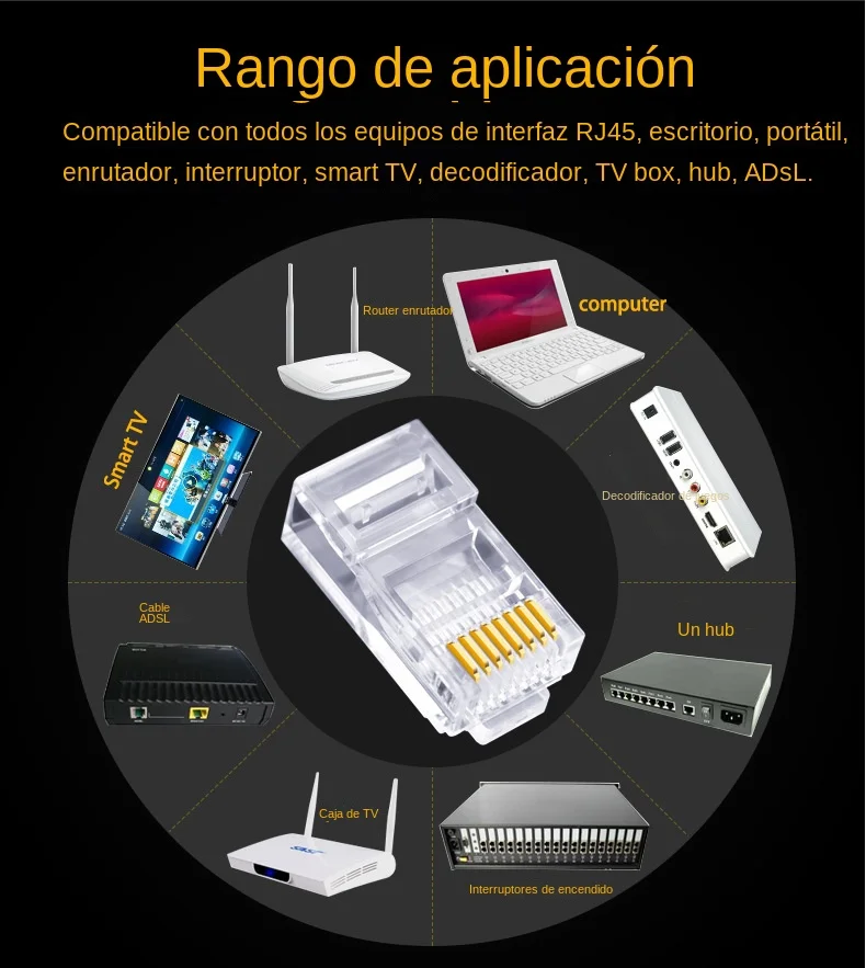 100pc RJ45 CAT6 CAT5e Pass Through Connectors Crystal End Gold-Plated 8P8C Crimp UTP Standard Ethernet Network Modular Plug rj45