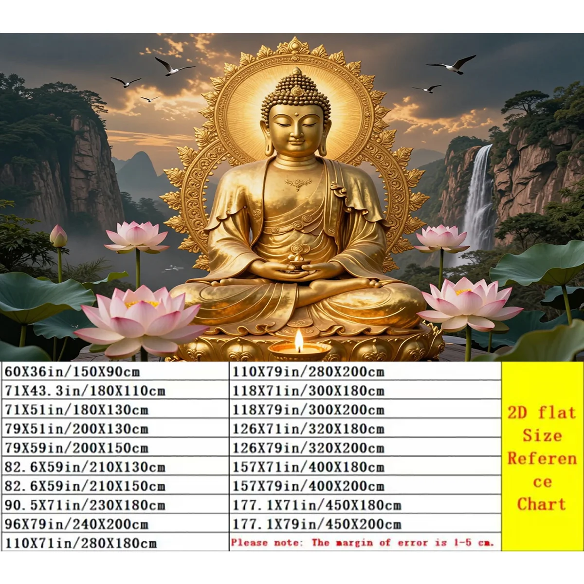 Large Spiritual Buddha Wall Tapestry Polyester Meditation Zen Decor Asian Landscape Mural Print Divine Enlightenment Waterfall