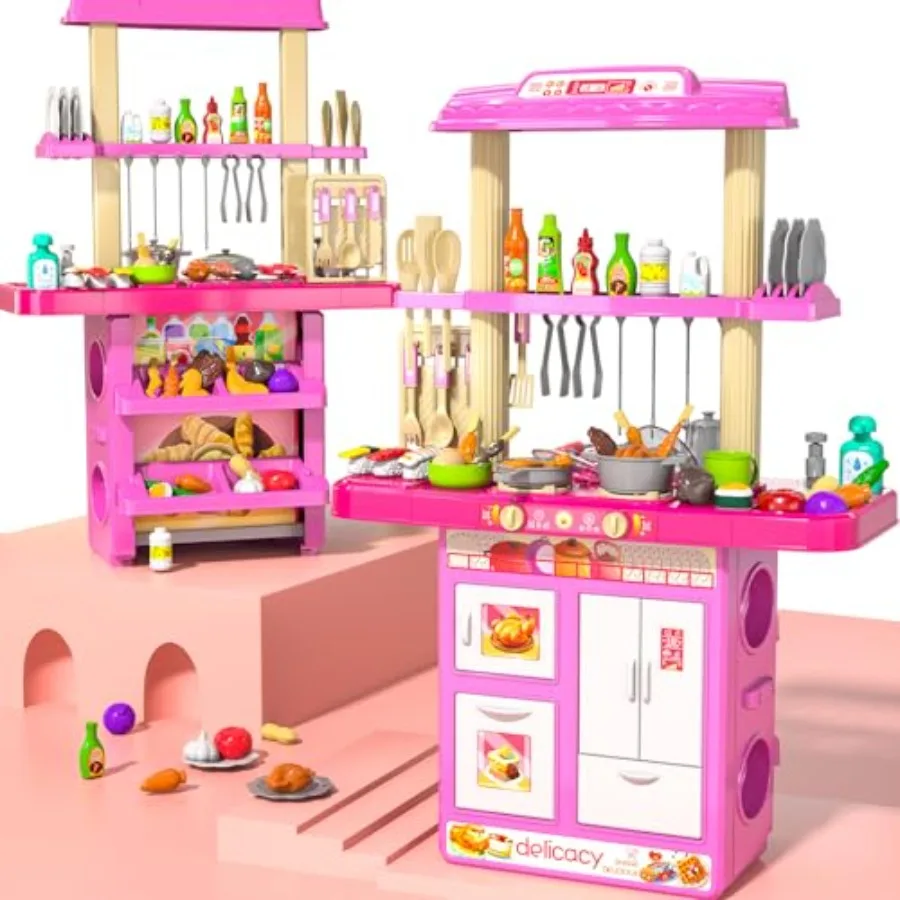 

Pretend Play Kitchen Toys for Ages 3-7 Double-Sided Wooden Kitchen with Red Accessories, Durable Safe Cooking Set for Girls