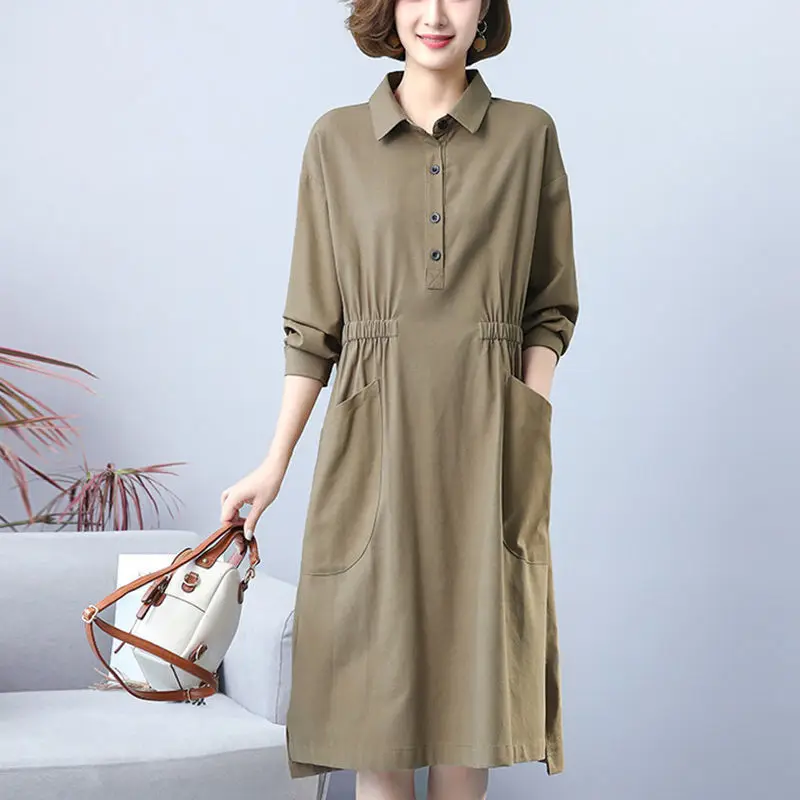 

Длинная юбка трапециевидной формы из хлопка и льна большого размера, простая осенняя мода с воротником-стойкой и воротником-стойкой