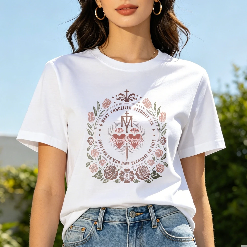 Miraculous Medal Sacred Heart Rose Wreath Graphic T Shirt Women Vintage Catholic Latin Prayer Print Tee Religious Devotion Tops