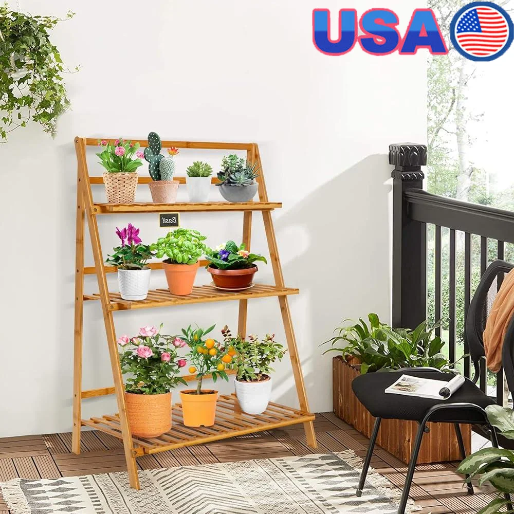 

3 Tier Folding Bamboo Plant Stand Garden Rack Multiple Plant Holder Indoor Outdoor Display Shelf Adjustable Shelving Unit