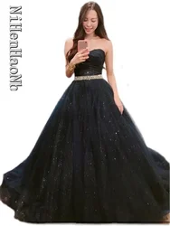 Vestidos de quinceañera largos negros de lujo, vestido de baile de tul con cuentas de cristal dulce 15 vestidos