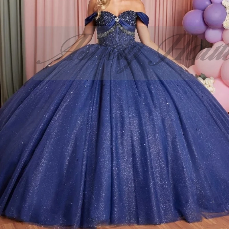 Vestidos de fiesta azules marinos elegantes personalizados con hombros descubiertos vestido de fiesta con lazo de cristal hasta el suelo vestido de fiesta de cumpleaños ocasión de graduación 15