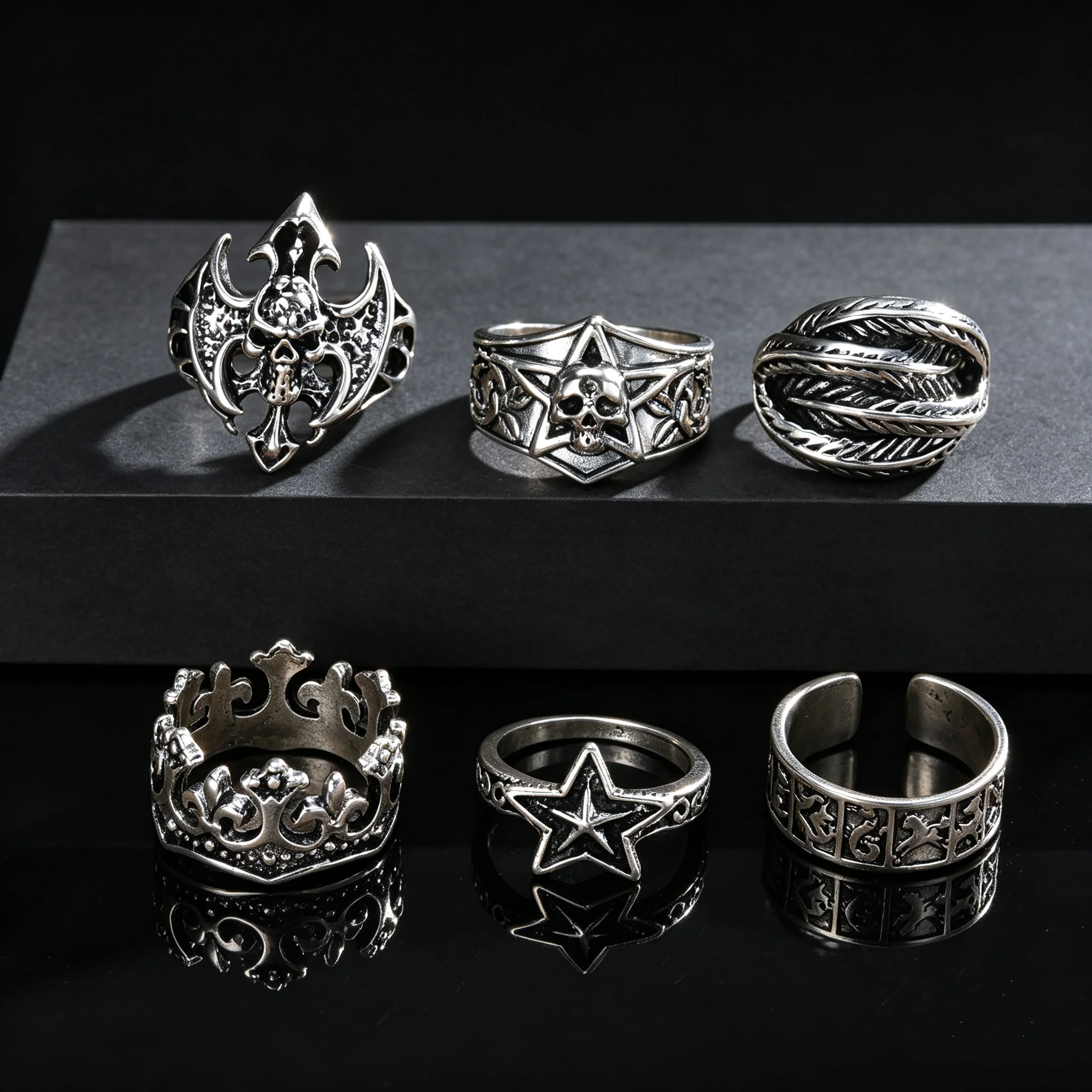 6Pcs Gothic Skull Ring Set for Men Vintage Punk Star Crown Geometric Open Ring Stackable Halloween Party Jewelry Gifts size 7-9