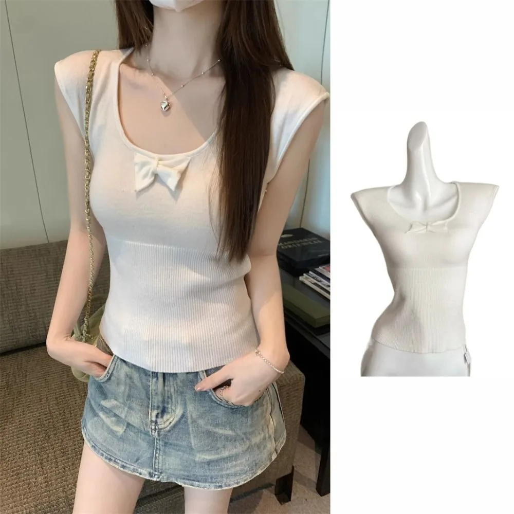 

Round Neck Korean Y2K Crop Tops Women Clothing Short Sleeves Bowknot Knit T-shirt Sweet Solid Color Slim Short T-shirt
