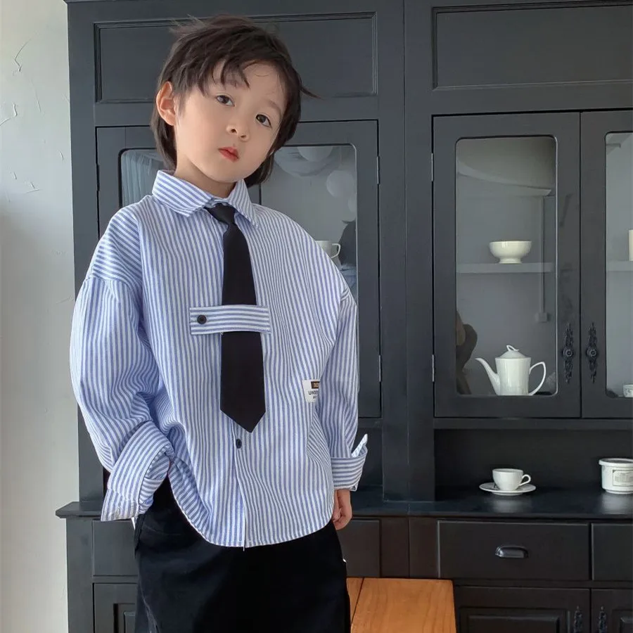 

2024 Spring New Kids Vertical Stripes Shirts Boys Turn-down Collar Loose Casual Shirt with Necktie