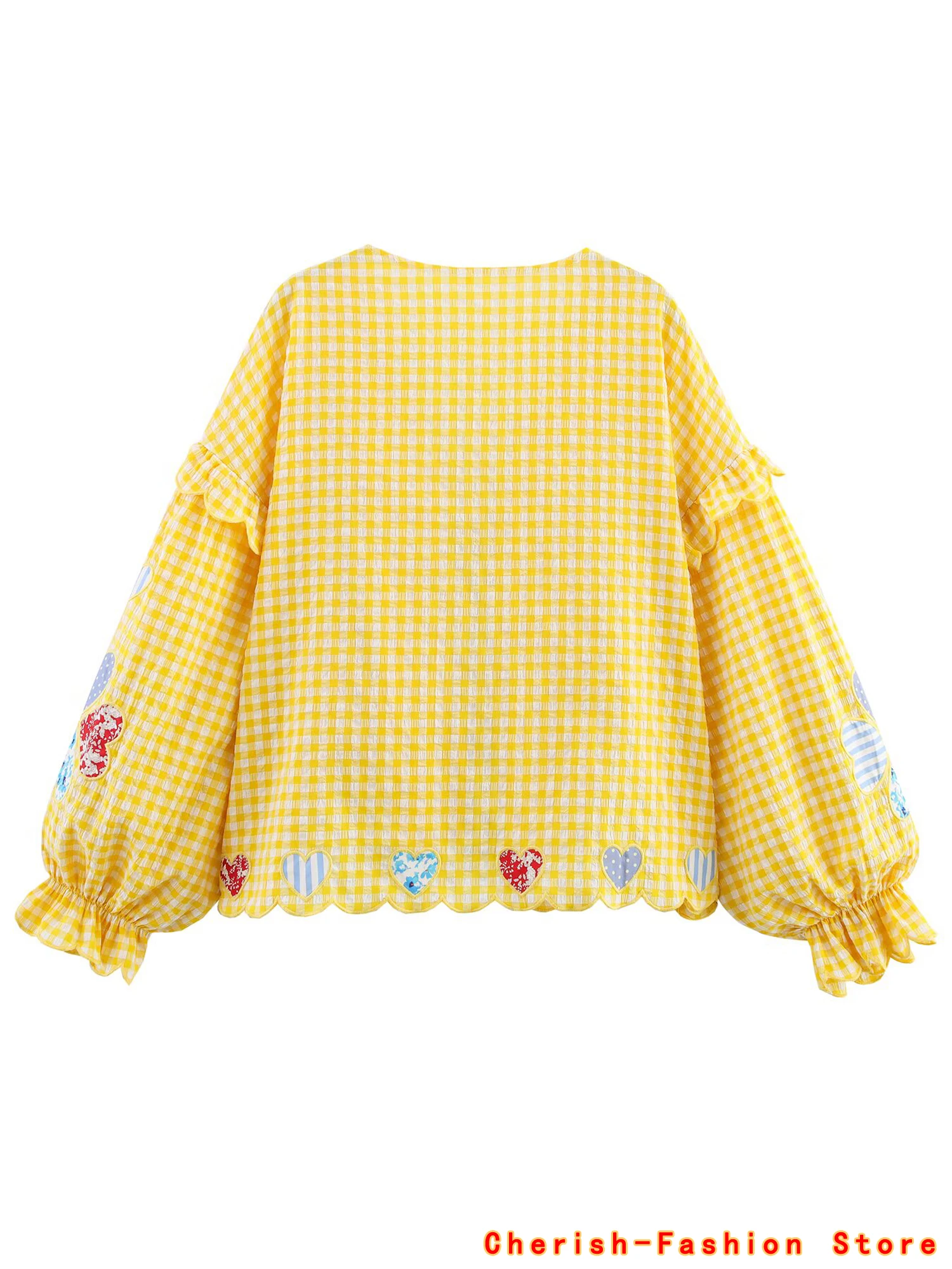 Plaid Tops Heart shape embroidery Shirt Women Ladylike Style Blouses Shirt Lace-up decoration Woman Shirts And Blouses Tops Hot