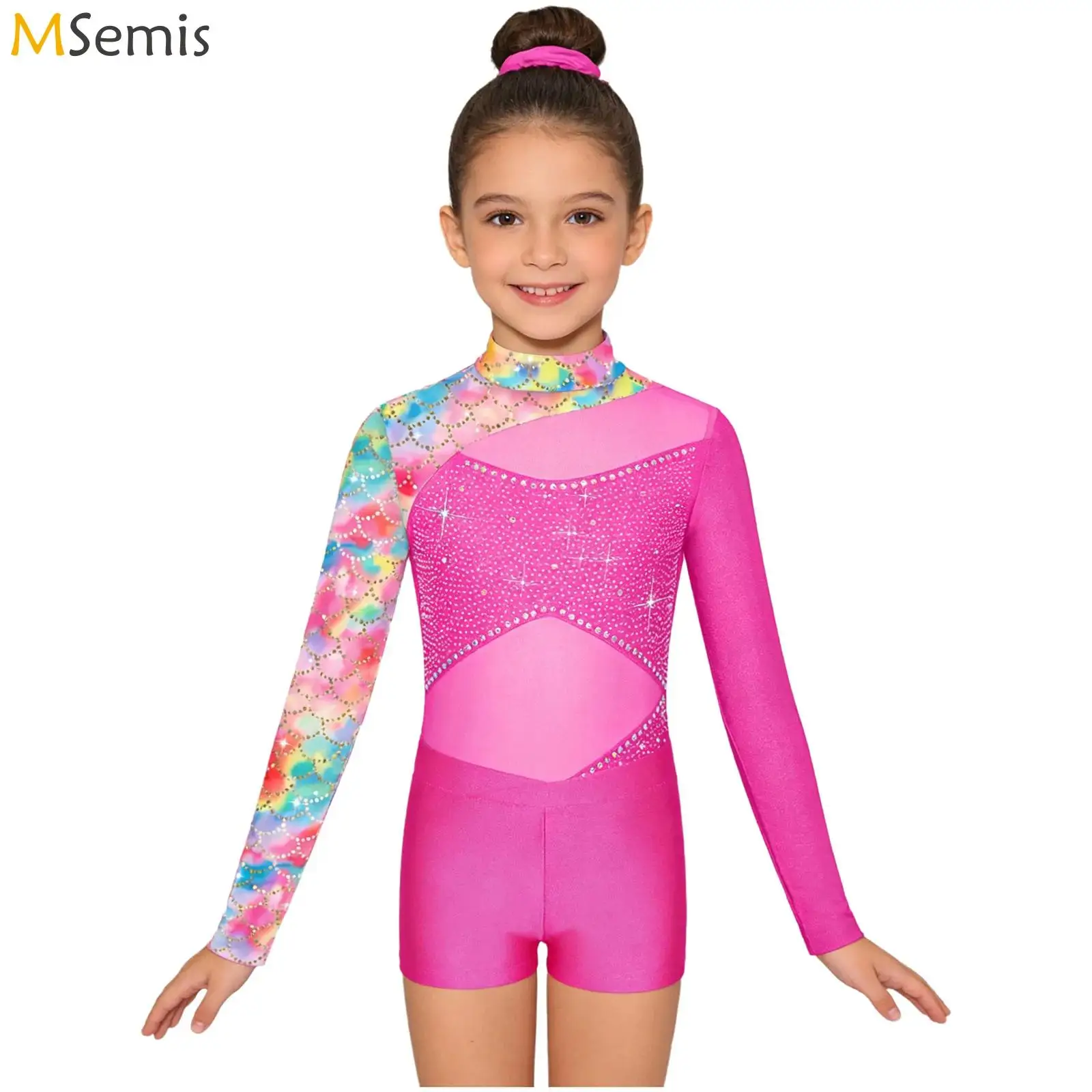 

Kids Girls Shiny Rhinestones Gymnastics Figure Skating Dance Performance Costume Leotard Bodysuit with Shorts And Hairband